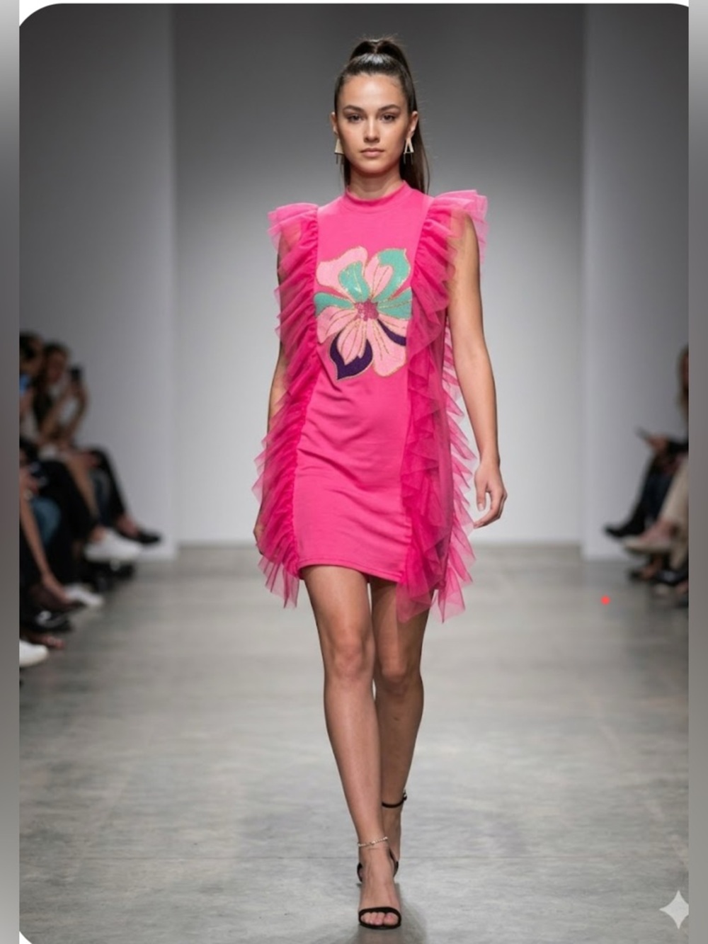 Pink Chiffon Ruffle Tunic with Floral Design